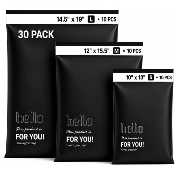 Poly Mailers 30 Pack Multi Size Shipping Envelopes 10x13 12x15.5 14.5x19 in Professional Waterproof Tear Proof Self Seal Opaque for Office & Small Business E-Commerce Shipping Black