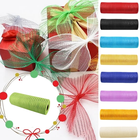 Poly Mesh Ribbon With Foil Roll For Wreaths Swags Bows Wrapping Decorating, 26Cm Width X 10 Yards Length Each Roll For Craft Floral Arrangements Wedding Decor Gift Wrapping