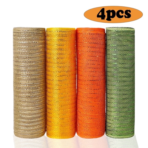 Poly Mesh Ribbon Poly Metallic Foil Mesh Rolls for DIY Fall Ribbon Decor Wreath Party Decorations Wrapping Craft Orange Gold Green 40 yards 4 Rolls