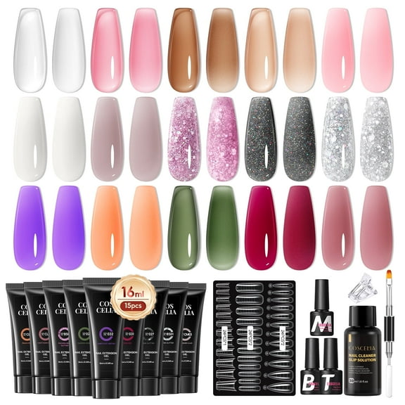 COSCELIA 21PC Nail Extension Gel Kit 16ML 15 Colors Poly Extension Gel for Beginners without Lamp Glossy Matte Top Coat Starter Kit DIY Salon at Home Gifts for Women