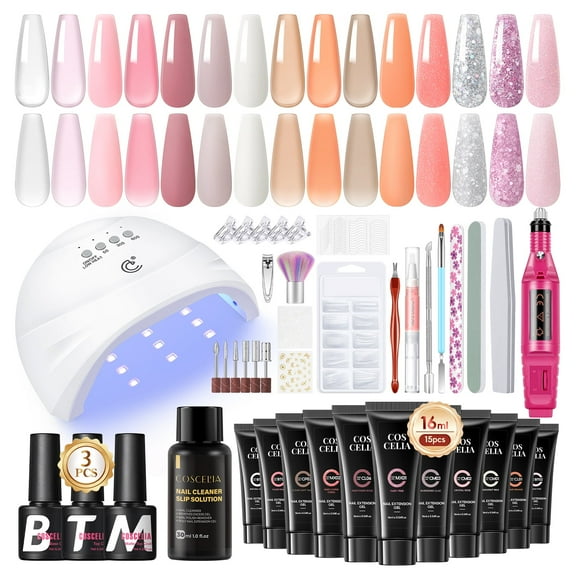 COSCELIA Poly Nail Gel Kit with U V Light and Drill 15PCS Poly Nail Extension Gel Butterfly Nail Art Stickers French Poly Nail Gel Starter Kit Gifts
