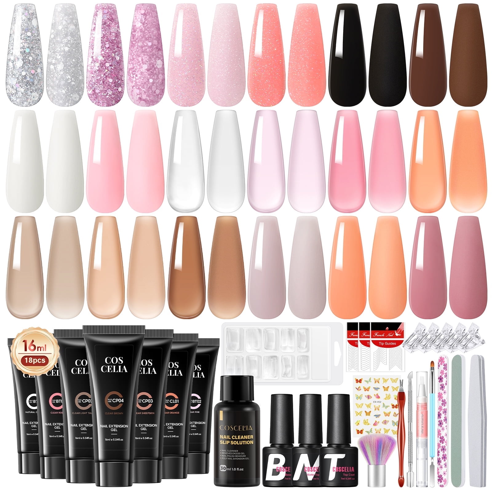 COSCELIA Poly Nail Gel Kit Starter Kit 18 Colors Nail Extension Gel with Matte Top Base Coat Nail Art Decoration Gift for Women