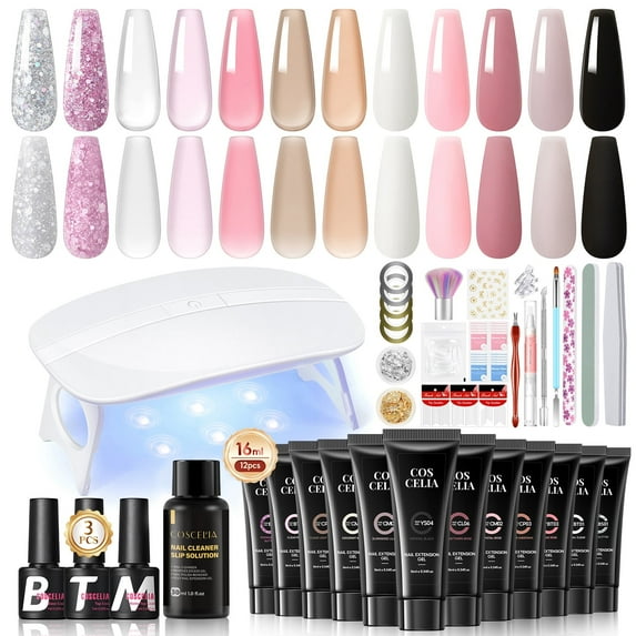 Poly Nail Gel Kit Starter Kit with U V Light, 12 Colors Nail Extension Gel with Slip Sloution Nail Art Supplies Complete Nail Extension Gel kit Gift for Women