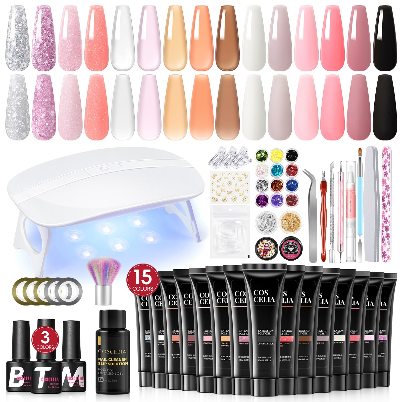COSCELIA Poly Nail Gel Kit Starter Kit 15 Colors Poly Extension Gel with 12PC Glitter Decoration Powder Nail Stickers Complete Poly Extension Gel Kit DIY Gift for Women