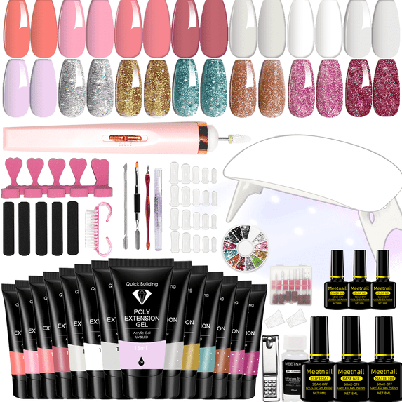 Poly Nail Gel Kit -14 Colors + 45 Nail Art Accessories Kit Poly Gel with MINI Uv Light 6W and Electric Nail Drill Poly Nail Gel Starter Kit with Everything Gift