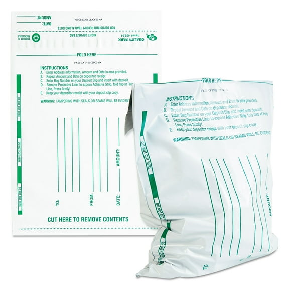 Poly Night Deposit Bags w/Tear-Off Receipt 10 x 13, Opaque, 100 Bags/Pack