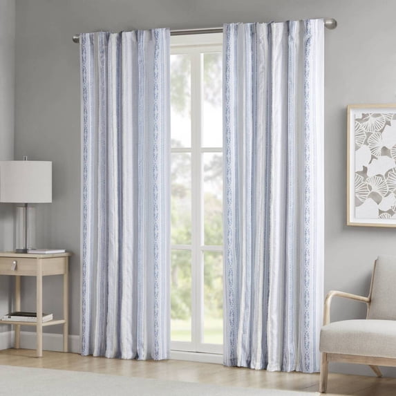 Poly Printed Curtain Panel with Tufted Stripe and Lining White/Navy 50x84"