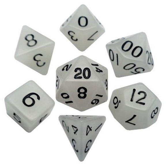 polyhedral 7 die set resin dice: glow clear with black numbers (glow in dark)