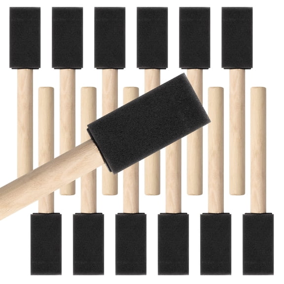 Poly Sponge Paint Brushes 1 Inch 12 Pack, Durable Foam Brushes for Smooth Coating, Crafts, Wood Staining, No Lint Sponge Tips, Wood Handle, Black