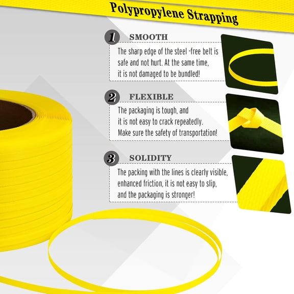 Poly Strapping, Packaging Banding Strap, Pallet Strapping Roll 3280' Length - Polypropylene Strapping 1/2" Width, 0.030" Thickness, 300 lbs Break Strength, Yellow Packing Straps