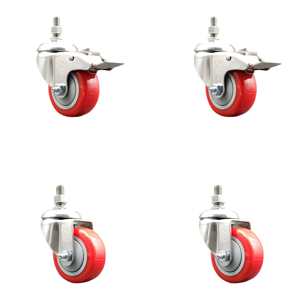 Poly Swivel Stem Caster Set of 4 with 3.5 Inch Red Caster Wheels12mm Metric Threaded Stem316