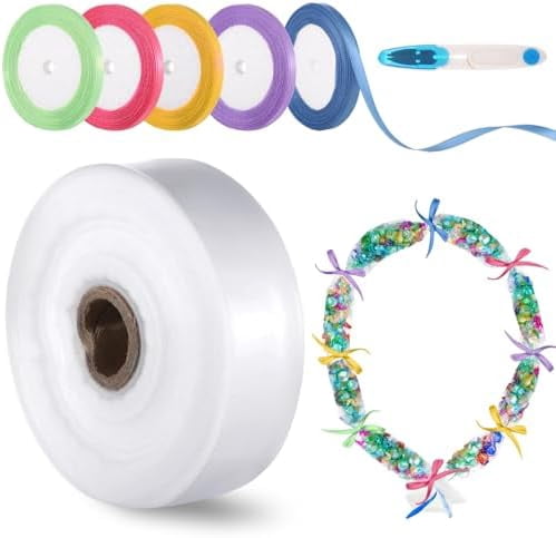 Poly Tubing Roll With Ribbon & Scissors – 2 Inch X 656 Feet For Candy Leis, Food Packaging