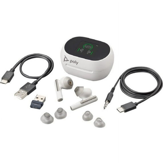 Poly Voyager Free 60+ Teams Wireless Earset - USB-A Dongle - True Wireless - Bluetooth - 98.4 ft - 20 Hz - 20 kHz - Earbud - Binaural - In-ear - Noise Canceling - White Sand 216755-01