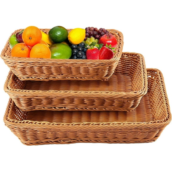 Poly Wicker Woven Bread Basket, Tabletop Food Serving Baskets Trays for Fruits Vegetables and Snacks, Restaurant Hotel Kitchen Serving Display Imitation Rattan Brown (3 Pack)