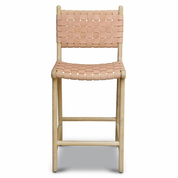 Poly and Bark Banda 25 in. Teak & Leather Counter Height Stool - Fauve Tan