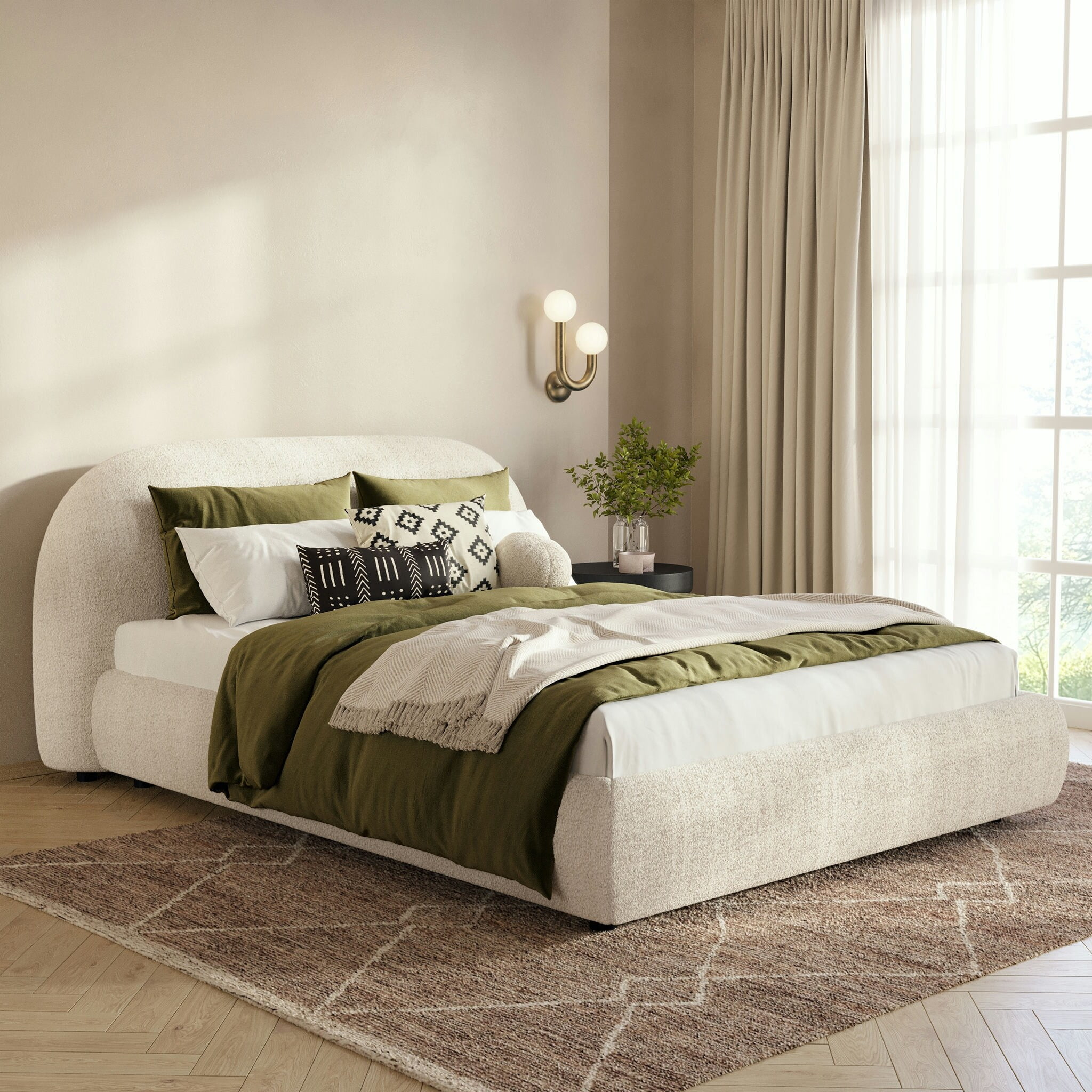 Crema White Upholstered Queen Bed with Wood Frame