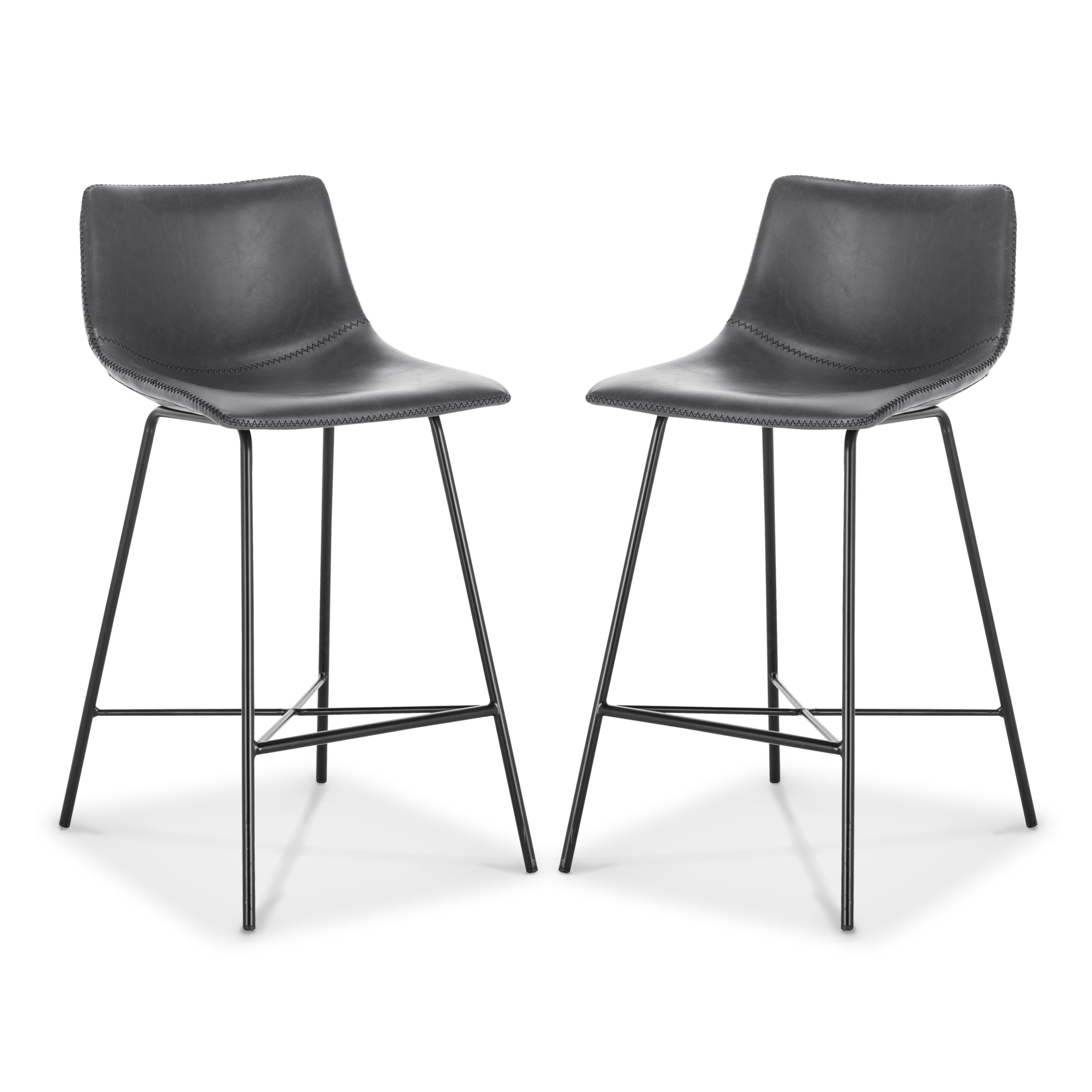 Gray Leather Saddle Style Counter Stool Set with Metal Base