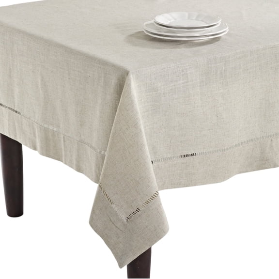 Poly and Linen Blend Toscana Tablecloth with Hemstitch Border, Natural, 65"x104"