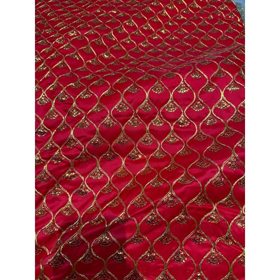 Poly taffeta fabric in red color  with gold  multi floral embroidery work. (design1)