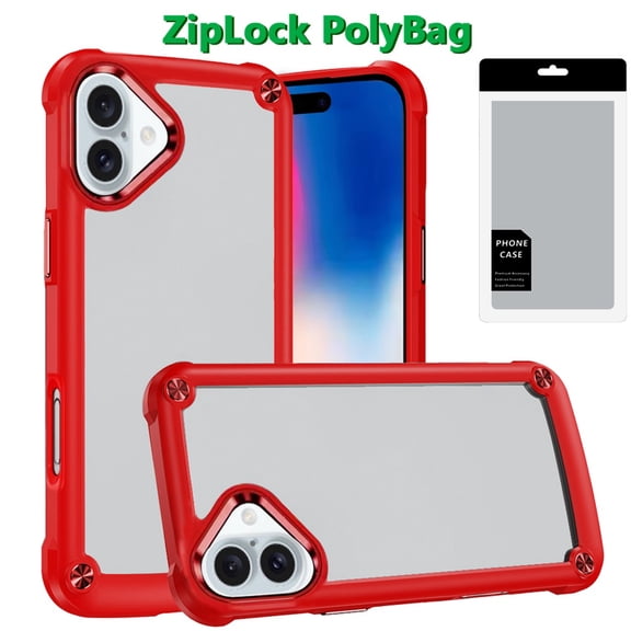 [PolyBag] For iPhone 16 6.1 inch Ultimate CaseX Transparent Hybrid Case with Metal Buttons And Camera Edges - Red