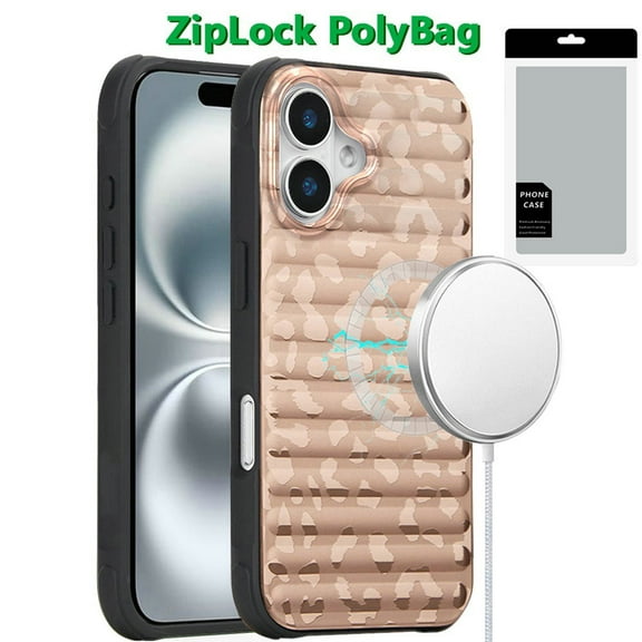 [PolyBag] For iPhone 16 Plus 6.7 inch Magnetic Chrome Case - Rose Gold Leopard