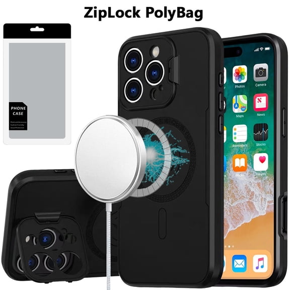 [PolyBag] For iPhone 16 Pro Max 6.9 inch Magnetic Ring Circle Camera Cap KickStand Hybrid UV Paint Matte Finish Case - Black