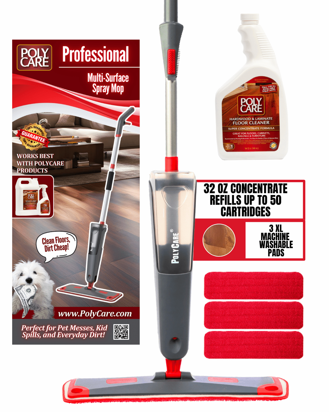POLYCARE PROFESSIONAL MULTI-SURFACE SPRAY MOP + 3 XL WASHABLE PADS + 32 ...