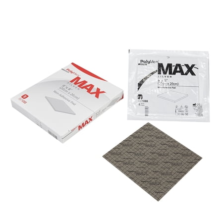 PolyMem Foam Dressing Disposable First Aid Gauze Box Set with Silver, 8" x 8", 5 Count