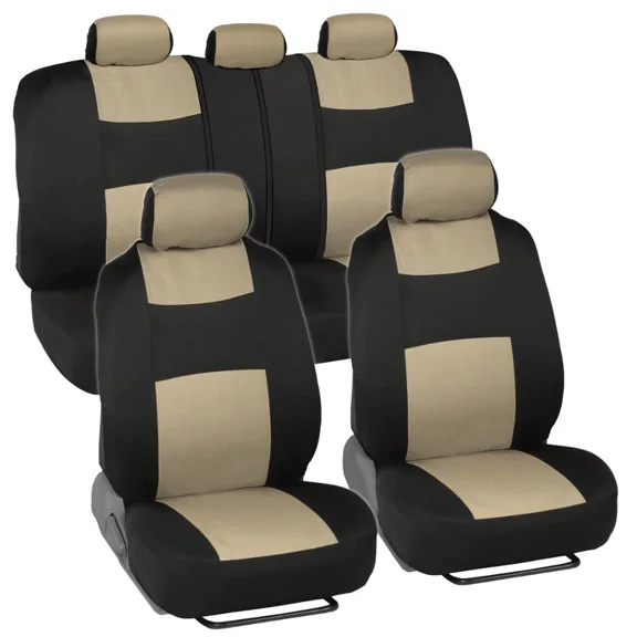 PolyPro Car Seat Covers Full Set, Beige Two-Tone Front and Rear Split Bench Seat Covers for Cars Trucks SUV 5 seat