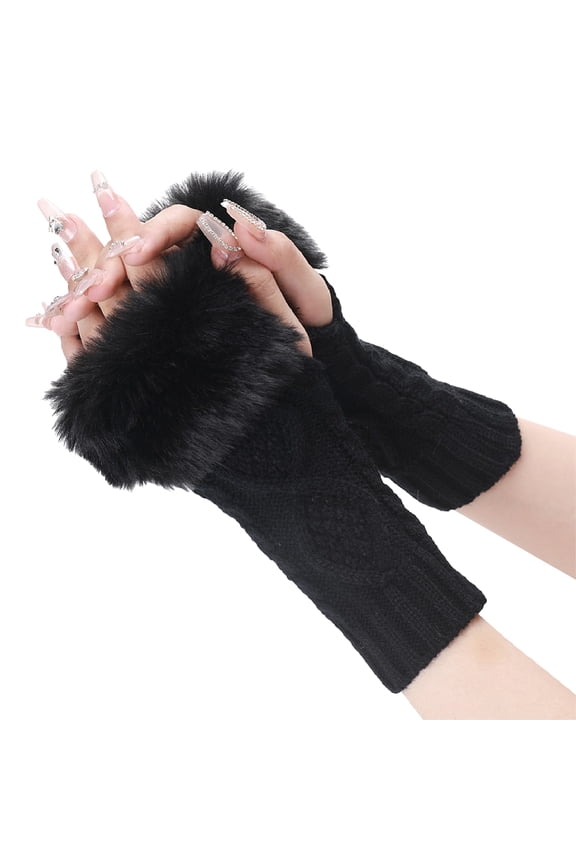 Polyacrylonitrile Fiber Yarn Knitting Fingerless Gloves Soft Winter Warm Gloves with Thumb Hole Black 200~260x125mm