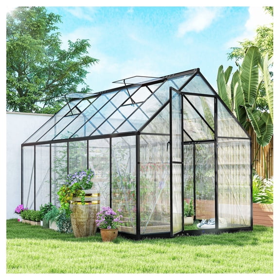 Polycarbonate Greenhouse 11x6 ft, Aluminum Walk-in Garden Greenhouse with Swing Door & Adjustable Vents, Black