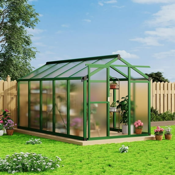 Polycarbonate Greenhouse with Sliding Door – Outdoor Walk-In Garden Greenhouse with Adjustable Roof Vent & Aluminum Frame for Backyard/Patio(6'x8'/6'x10'Available)