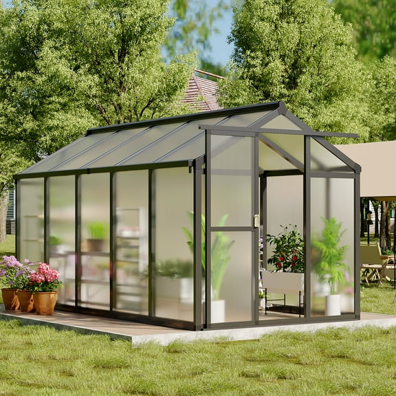 Polycarbonate Greenhouse with Sliding Door – Outdoor Walk-In Garden Greenhouse with Adjustable Roof Vent & Aluminum Frame for Backyard/Patio(6'x8'/6'x10'Available)