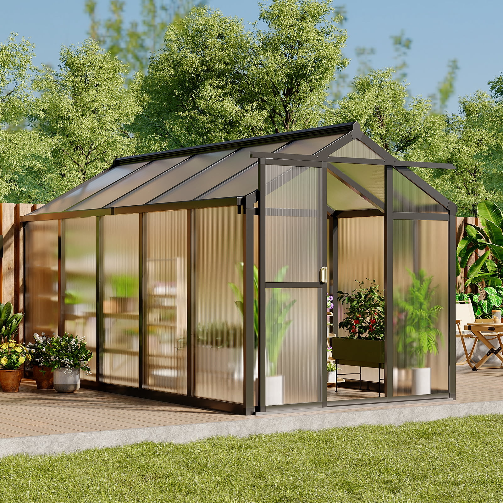 Polycarbonate Greenhouse with Sliding Door – Outdoor Walk-In Garden Greenhouse with Adjustable Roof Vent & Aluminum Frame for Backyard/Patio(6'x8'/6'x10'Available)