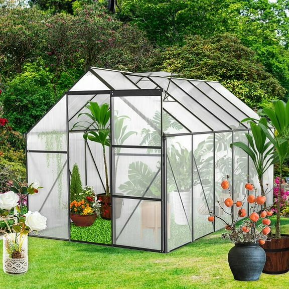 Polycarbonate Greenhouse, Walk In Greenhouse With Drainage System & Galvanized Base, Sliding Door, Adjustable Roof, Rust-proof Aluminum Alloy Frame Walk-in Greenhouses