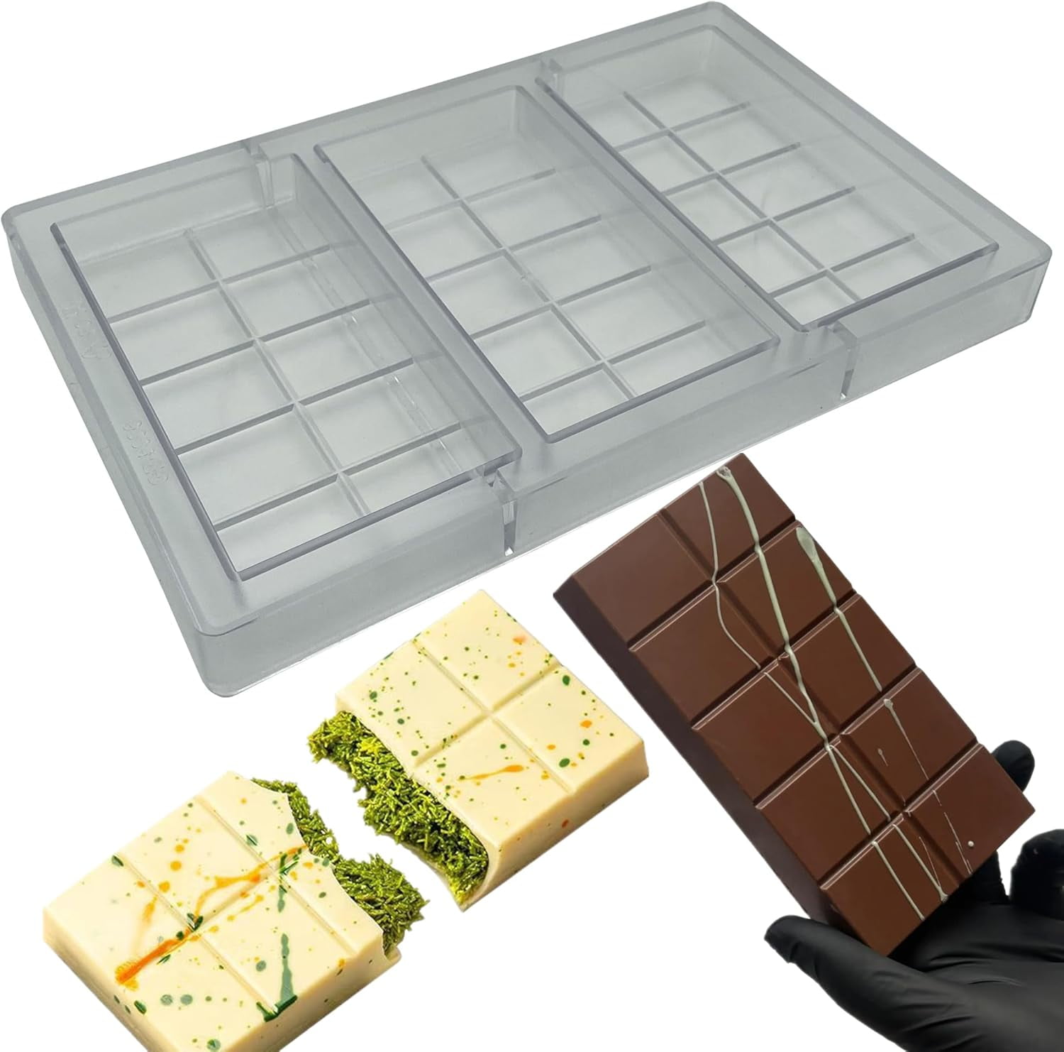 Polycarbonate Mold For Dubai Bars Large Chocolates Making 3-Cavities Deep Filled Break Apart Protein Bar Molds for Dubai Candy Bars Energy Bar Maker Mould