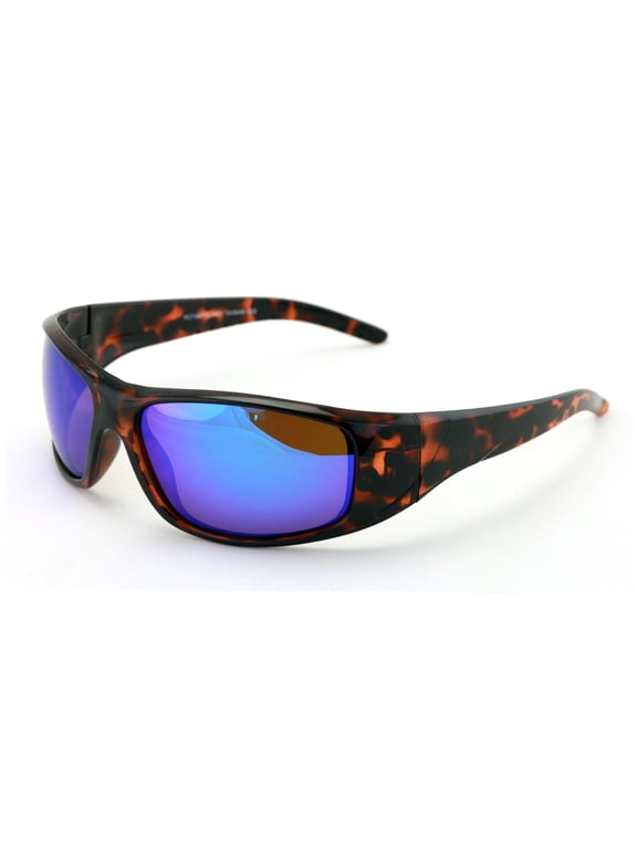 Polycarbonate Polarized Fishing Riding Biker Sunglasses for Men Women - Wrap Around Shielded Shade - Blue Mirror - Taiwan