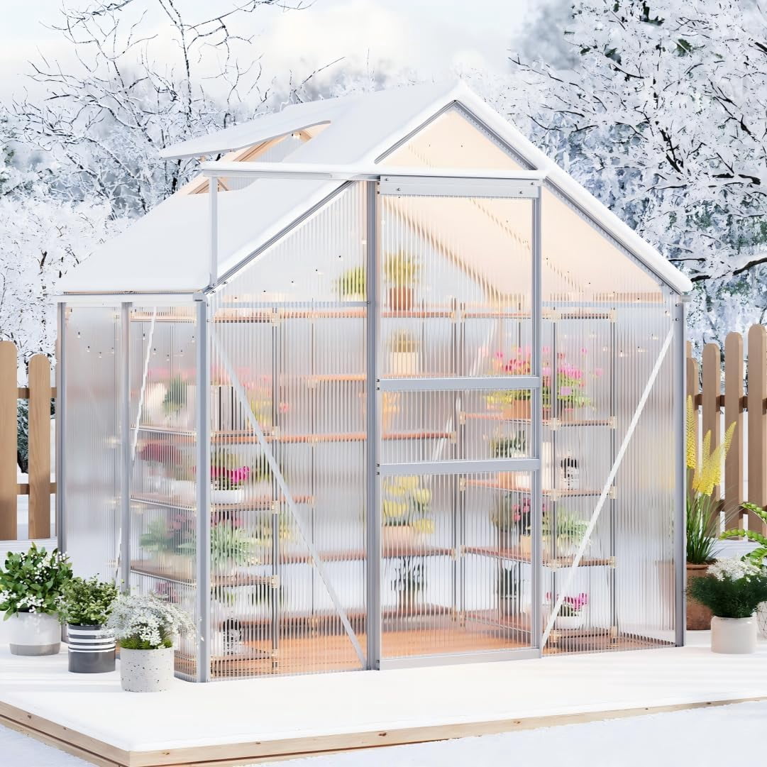 Polycarbonate Walk-In Greenhouse 6x4 FT – Outdoor Garden Greenhouse with Aluminum Frame, Sliding Door & Roof Vent Window, UV-Resistant Panels, Durable Plant House for Backyard, Patio & Gardening
