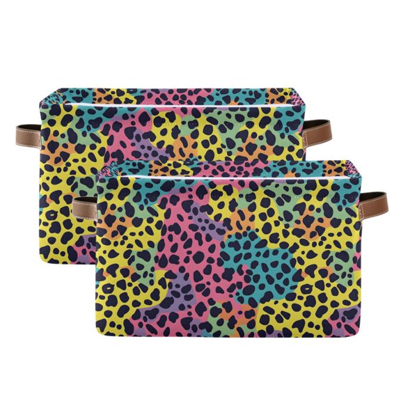 Polychrome Leopard Storage Bins with Handle Fabric Organizer Basket Foldable Box 2 Pack 14.2x10.2x8.3