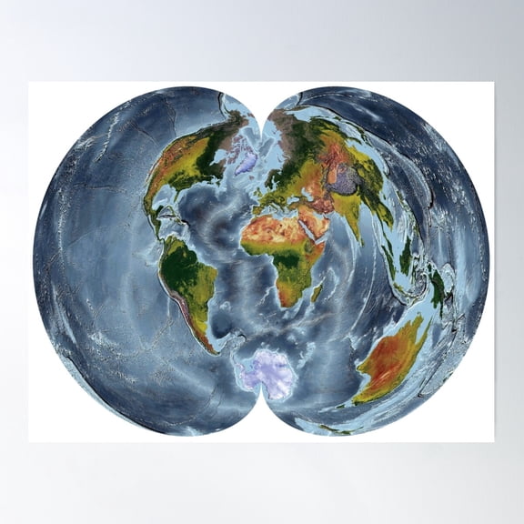 Polyclonic Projection - World Relief Map Showing Land And Oceans Poster Wall Art, Modern Wall Decor For Living Room Bedroom, 8x12 UNFRAMED