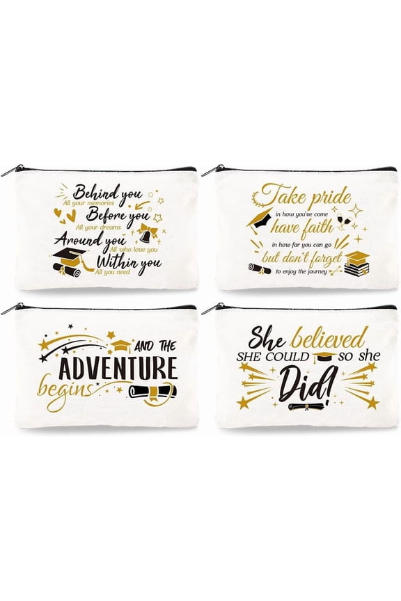 Polycotton 4Pcs Canvas Makeup Bag - 9.06" x 5.9" Graduation Gifts for Her Motivational Cosmetic Bags Travel Organizer Portable Accessories with Zipper Inspirational Gifts for Women Polycotton