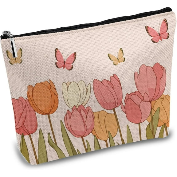 Polycotton Custom Canvas Storage Bags Metal Zipper Pouches Rectangle with Pattern Tulip 18x25cm