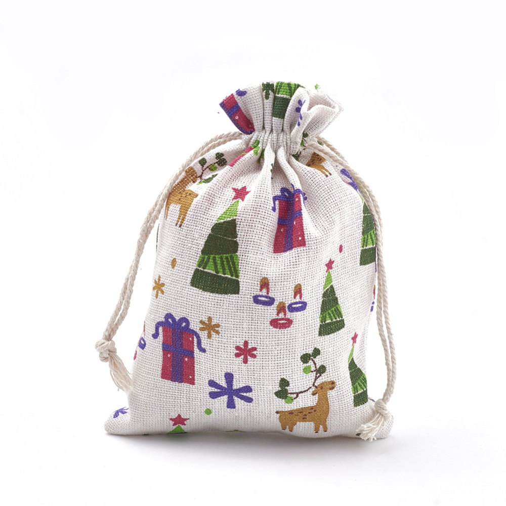 Polycotton(Polyester Cotton) Packing Pouches Drawstring Bags with Printed Box and Christmas Tree Colorful 18x13cm
