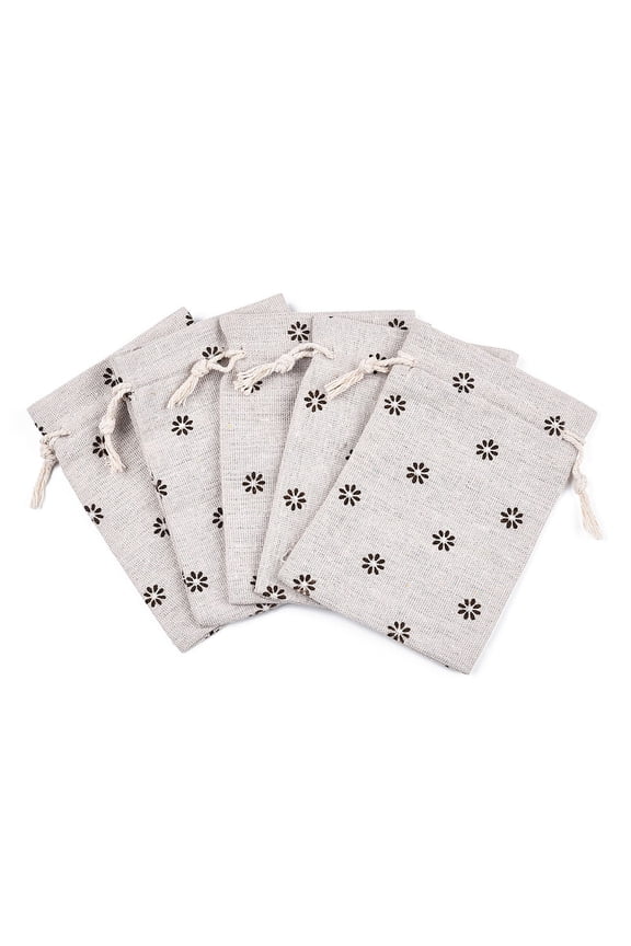 Polycotton(Polyester Cotton) Packing Pouches Drawstring Bags with Printed Flower Linen 14x10cm