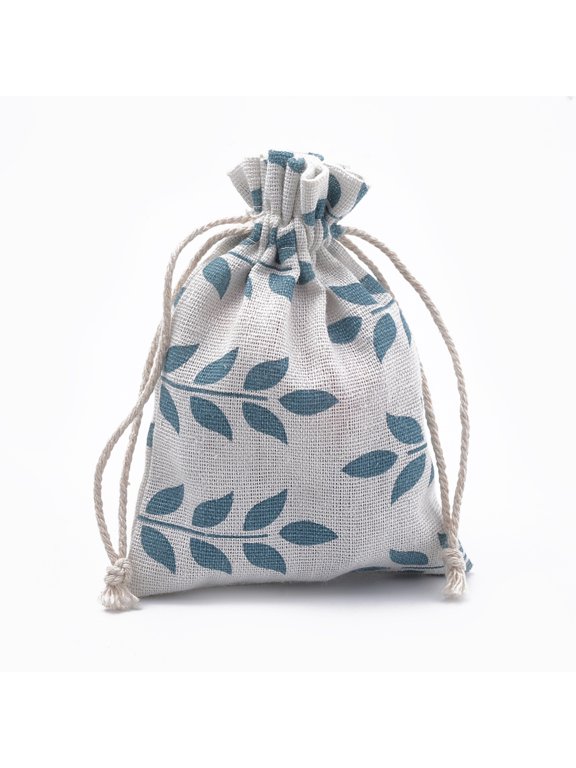Polycotton(Polyester Cotton) Packing Pouches Drawstring Bags with Printed Leafy Branches Old Lace 14x10cm