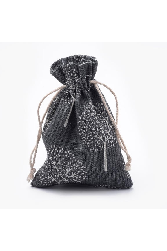 50pc Polycotton(Polyester Cotton) Packing Pouches Drawstring Bags with Printed Tree Gray 14x10cm