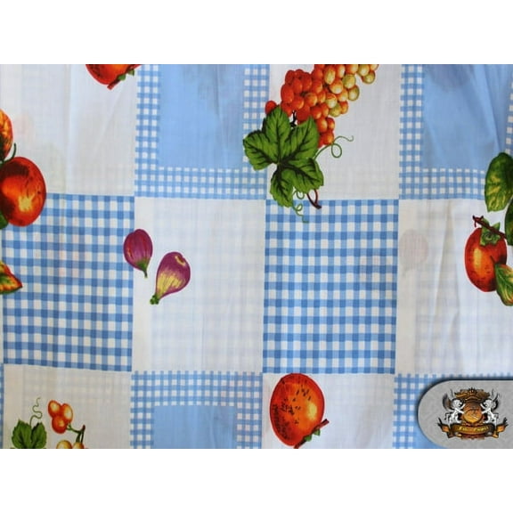 Polycotton Printed FRUITS CHECKERED BABY BLUE Fabric / 60" Wide / Sold by the Yard