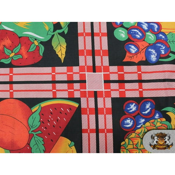 Polycotton Printed TARTAN FRUITS BLACK Fabric / 60" Wide / Sold by the Yard