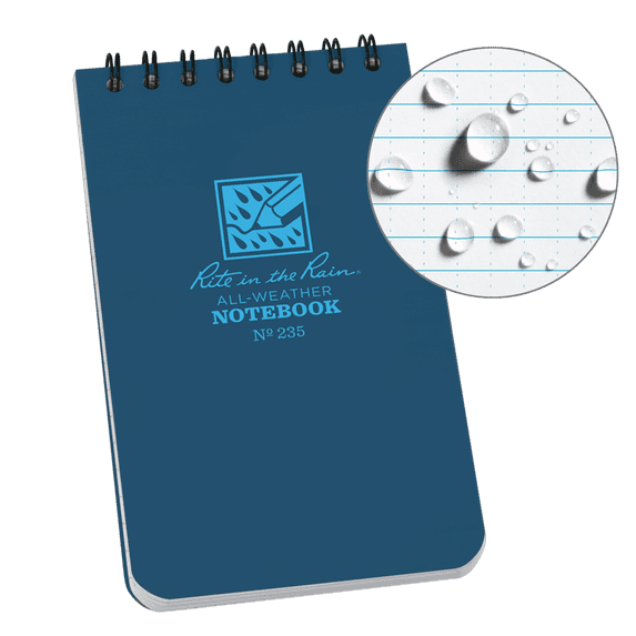 Rite in the Rain Weatherproof Notepad, 3" x 5" Top Spiral, Universal Page Pattern, Blue Cover (No. 235)