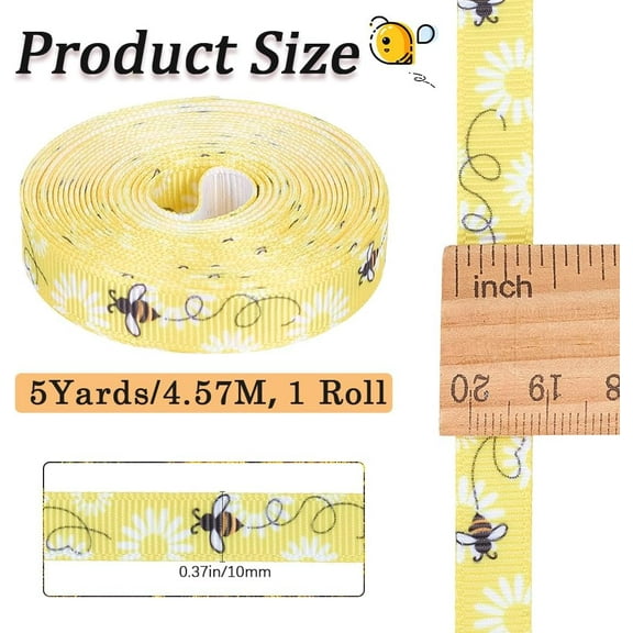 Polyester 10 Yards 3/8 Inch Yellow Bee Ribbon White Polyester Bees Pattern Print Ribbon Spring Printed Grosgrain Fabric Ribbons Thin Bulk Roll for Sewing Making Crafts Wreaths Home Party Decor Supply